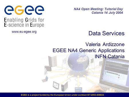 EGEE is a project funded by the European Union under contract IST-2003-508833 Data Services Valeria Ardizzone EGEE NA4 Generic Applications INFN Catania.