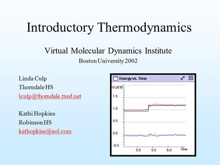 Introductory Thermodynamics Virtual Molecular Dynamics Institute Boston University 2002 Linda Culp Thorndale HS Kathi Hopkins.