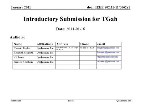 Doc.: IEEE 802.11-11/0062r1 Submission January 2011 Qualcomm, Inc.Slide 1 Introductory Submission for TGah Date: 2011-01-16 Authors:
