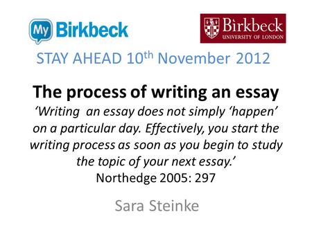 The process of writing an essay ‘Writing an essay does not simply ‘happen’ on a particular day. Effectively, you start the writing process as soon as you.