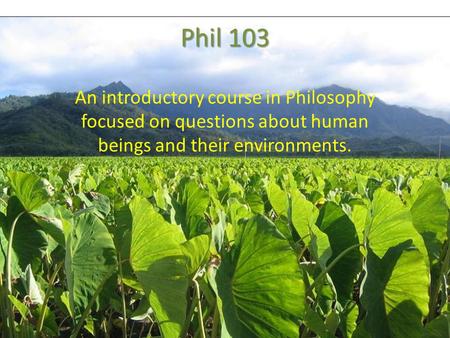 Phil 103 An introductory course in Philosophy focused on questions about human beings and their environments.