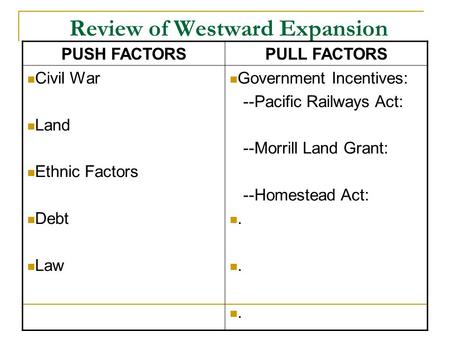 Review of Westward Expansion PUSH FACTORSPULL FACTORS Civil War Land Ethnic Factors Debt Law Government Incentives: --Pacific Railways Act: --Morrill Land.