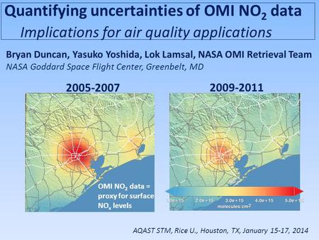 Quantifying uncertainties of OMI NO 2 data Implications for air quality applications Bryan Duncan, Yasuko Yoshida, Lok Lamsal, NASA OMI Retrieval Team.