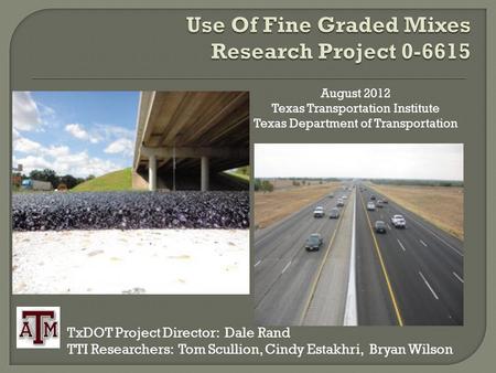 TxDOT Project Director: Dale Rand TTI Researchers: Tom Scullion, Cindy Estakhri, Bryan Wilson August 2012 Texas Transportation Institute Texas Department.