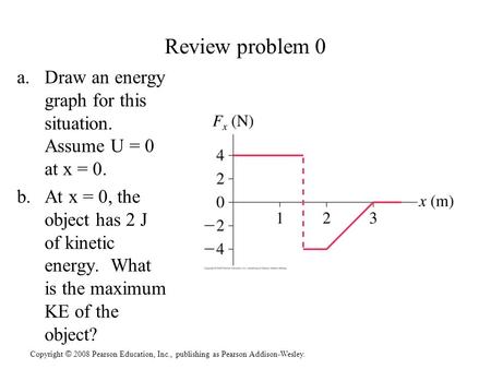 Copyright © 2008 Pearson Education, Inc., publishing as Pearson Addison-Wesley. Review problem 0 a.Draw an energy graph for this situation. Assume U =