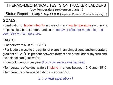 THERMO-MECHANICAL TESTS ON TRACKER LADDERS (Low temperature problem on plane 1) Status Report: D.Rapin Sept 26,2012 (help from Giovanni, Franck, Mingming,...)