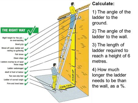 Calculate: 1) The angle of the ladder to the ground.