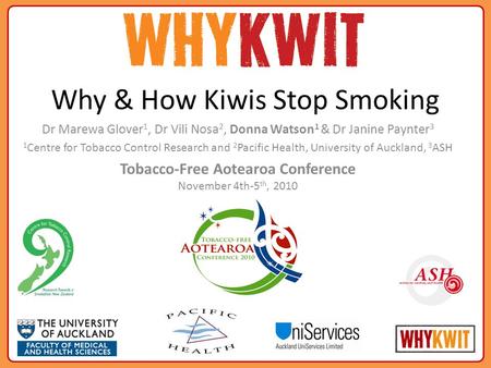Why & How Kiwis Stop Smoking Dr Marewa Glover 1, Dr Vili Nosa 2, Donna Watson 1 & Dr Janine Paynter 3 1 Centre for Tobacco Control Research and 2 Pacific.