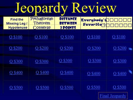 Jeopardy Review Find the Missing Leg / Hypotenuse Pythagorean Theorem Converse Distance Between 2 Points Everybody’s Favorite Similar T riangles Q $100.
