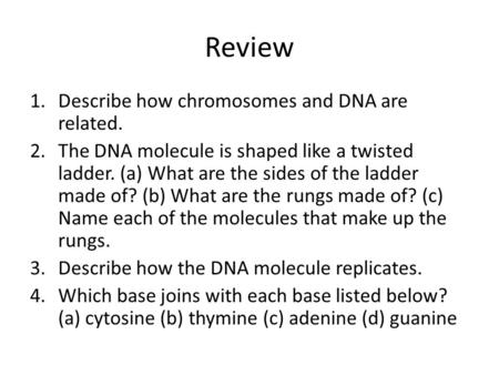 Review Describe how chromosomes and DNA are related.