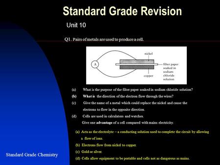 Standard Grade Revision Unit 10 Q1. Pairs of metals are used to produce a cell. Standard Grade Chemistry (a)What is the purpose of the filter paper soaked.