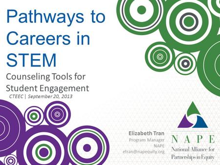 © NAPE 2013 Pathways to Careers in STEM CTEEC | September 20, 2013 Counseling Tools for Student Engagement Elizabeth Tran Program Manager NAPE