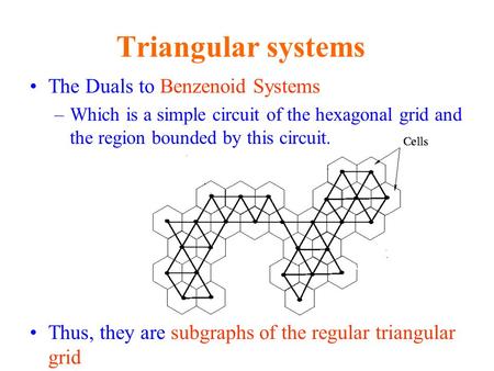 The Duals to Benzenoid Systems –Which is a simple circuit of the hexagonal grid and the region bounded by this circuit. Thus, they are subgraphs of the.