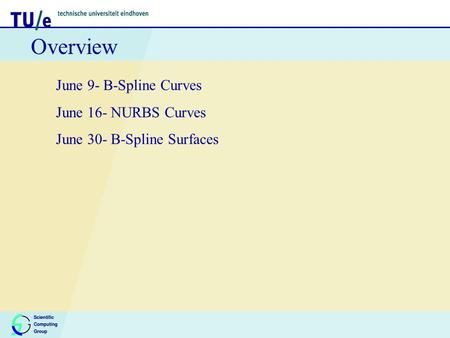 Overview June 9- B-Spline Curves June 16- NURBS Curves June 30- B-Spline Surfaces.