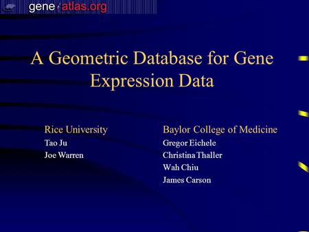 A Geometric Database for Gene Expression Data Baylor College of Medicine Gregor Eichele Christina Thaller Wah Chiu James Carson Rice University Tao Ju.