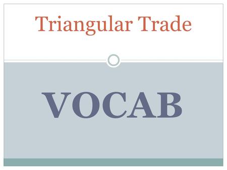 VOCAB Triangular Trade. Abolitionist, admiralty courts, bond, custom officers, duty, export, import, indigo. Money that must be put up in advance as a.