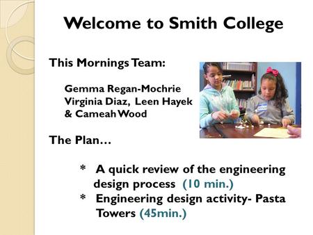 Welcome to Smith College This Mornings Team: Gemma Regan-Mochrie Virginia Diaz, Leen Hayek & Cameah Wood The Plan… *A quick review of the engineering design.