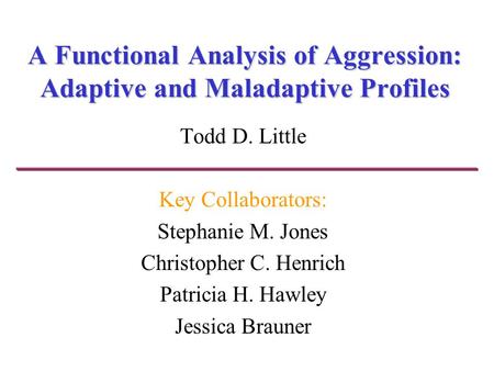 A Functional Analysis of Aggression: Adaptive and Maladaptive Profiles Todd D. Little Key Collaborators: Stephanie M. Jones Christopher C. Henrich Patricia.