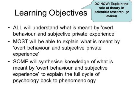Learning Objectives ALL will understand what is meant by ‘overt behaviour and subjective private experience’ MOST will be able to explain what is meant.