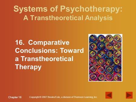 Chapter 16 Copyright © 2007 Brooks/Cole, a division of Thomson Learning, Inc. Systems of Psychotherapy: A Transtheoretical Analysis 16. Comparative Conclusions: