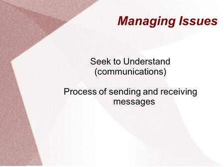 Managing Issues Seek to Understand (communications) Process of sending and receiving messages.