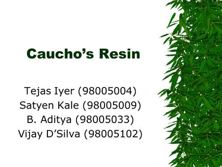 Caucho’s Resin Tejas Iyer (98005004) Satyen Kale (98005009) B. Aditya (98005033) Vijay D’Silva (98005102)