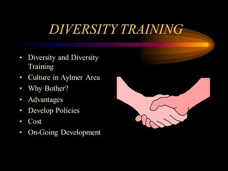 DIVERSITY TRAINING Diversity and Diversity Training Culture in Aylmer Area Why Bother? Advantages Develop Policies Cost On-Going Development.