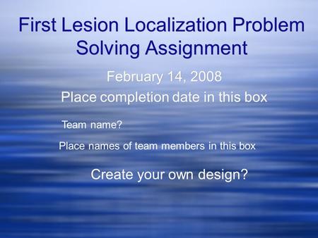 First Lesion Localization Problem Solving Assignment February 14, 2008 Place completion date in this box February 14, 2008 Place completion date in this.