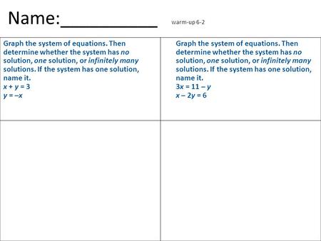 Name:__________ warm-up 6-2 Graph the system of equations. Then determine whether the system has no solution, one solution, or infinitely many solutions.
