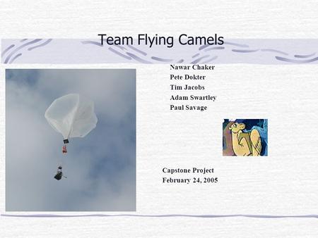 Team Flying Camels Nawar Chaker Pete Dokter Tim Jacobs Adam Swartley Paul Savage Capstone Project February 24, 2005.
