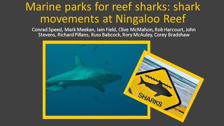 Marine parks for reef sharks: shark movements at Ningaloo Reef Conrad Speed, Mark Meekan, Iain Field, Clive McMahon, Rob Harcourt, John Stevens, Richard.