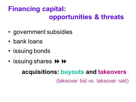 Financing capital: opportunities & threats government subsidies bank loans issuing bonds issuing shares  acquisitions: buyouts and takeovers (takeover.