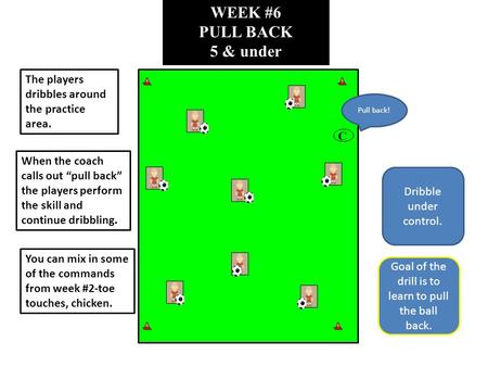 WEEK #6 PULL BACK 5 & under C The players dribbles around the practice area. When the coach calls out “pull back” the players perform the skill and continue.