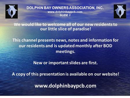 DOLPHIN BAY OWNERS ASSOCIATION, INC. www.dolphinbaypcb.com SLIDE 1 We would like to welcome all of our new residents to our little slice of paradise! This.