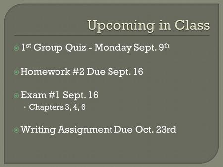  1 st Group Quiz - Monday Sept. 9 th  Homework #2 Due Sept. 16  Exam #1 Sept. 16 Chapters 3, 4, 6  Writing Assignment Due Oct. 23rd.