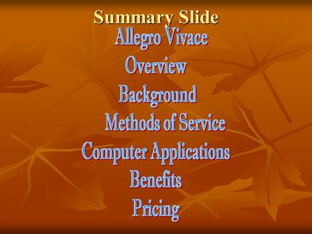Summary Slide Allegro Vivace (Fast and Lively) Your Logo Here Automated Financial Reconciliations Website – www.allegrovivacedr.com Automated Financial.