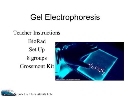 Salk Institute Mobile Lab Gel Electrophoresis Teacher Instructions BioRad Set Up 8 groups Grossmont Kit.