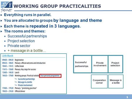 1 Successful partnerships WORKING GROUP PRACTICALITIES  Everything runs in parallel.  You are allocated to groups by language and theme  Each theme.