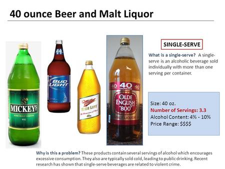 Size: 40 oz. Number of Servings: 3.3 Alcohol Content: 4% - 10% Price Range: $$$$ 40 ounce Beer and Malt Liquor Why is this a problem? These products contain.