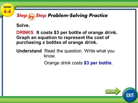 Lesson 4-4 Example 4 4-4 Solve. DRINKS It costs $3 per bottle of orange drink. Graph an equation to represent the cost of purchasing x bottles of orange.