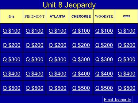 Unit 8 Jeopardy Final Jeopardy GAPIEDMONT ATLANTACHEROKEE WOODSTK WMS Q $100 Q $200 Q $300 Q $400 Q $500.