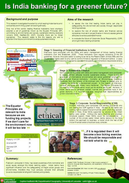 Background and purpose Aims of the research Is India banking for a greener future? % of Indian banks and companies interviewed Engaging with CSR53 Advertise.