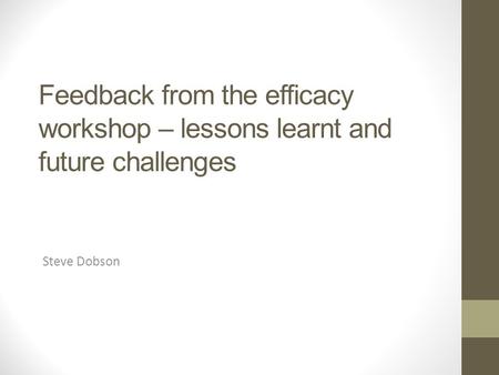Feedback from the efficacy workshop – lessons learnt and future challenges Steve Dobson.