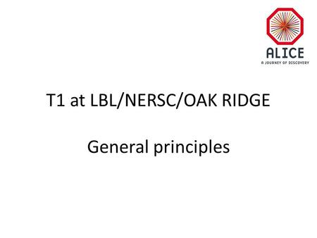 T1 at LBL/NERSC/OAK RIDGE General principles. RAW data flow T0 disk buffer DAQ & HLT CERN Tape AliEn FC Raw data Condition & Calibration & data DB disk.