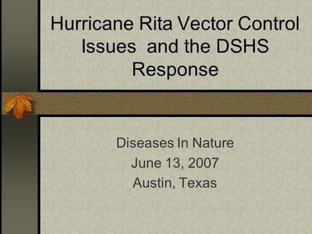 Hurricane Rita Vector Control Issues and the DSHS Response Diseases In Nature June 13, 2007 Austin, Texas.