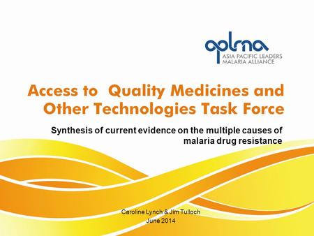 Caroline Lynch & Jim Tulloch June 2014 Synthesis of current evidence on the multiple causes of malaria drug resistance.