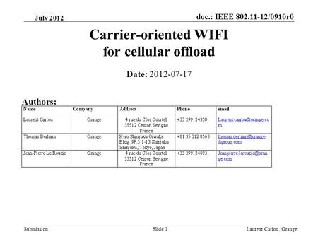 Doc.: IEEE 802.11-12/0910r0 SubmissionLaurent Cariou, OrangeSlide 1 Carrier-oriented WIFI for cellular offload Date: 2012-07-17 Authors: July 2012.