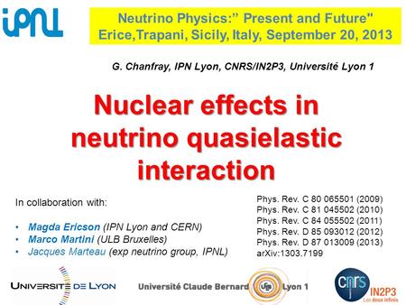Nuclear effects in neutrino quasielastic interaction Phys. Rev. C 80 065501 (2009) Phys. Rev. C 81 045502 (2010) Phys. Rev. C 84 055502 (2011) Phys. Rev.