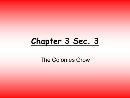 Chapter 3 Sec. 3 The Colonies Grow. I. England and the Colonies. In 1660 England had two groups of colonies: 1.The New England colonies run by private.