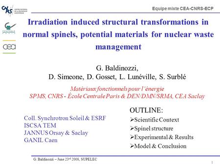 Equipe mixte CEA-CNRS-ECP G. Baldinozzi – June 23 rd 2008, SUPELEC 1 Irradiation induced structural transformations in normal spinels, potential materials.